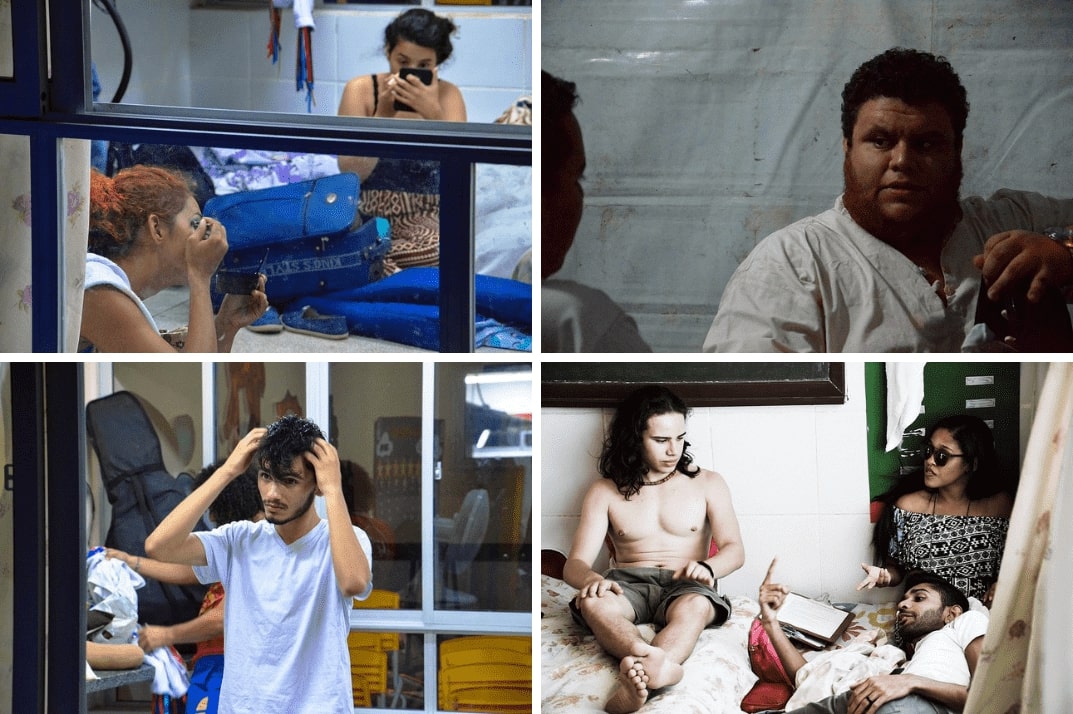 mosaico com várias fotos dos dançarinos se preparando para a apresentação, vestindo-se, maquiando-se, conversando entre si despretensiosamente 