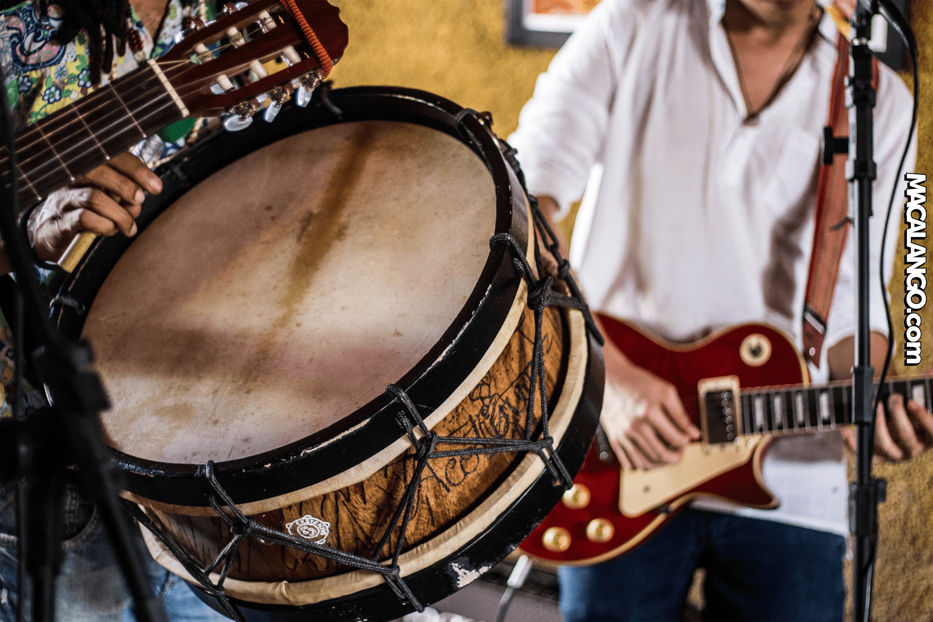 imagem da banda tocando, aparecem detalhes de um violão, uma zabumba e uma guitarra