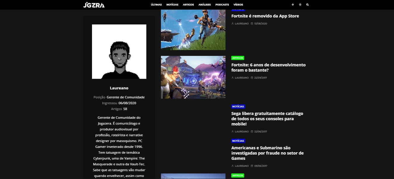 imagem da descrição do autor Laureano na aba "equipe" do jogazera.com.br