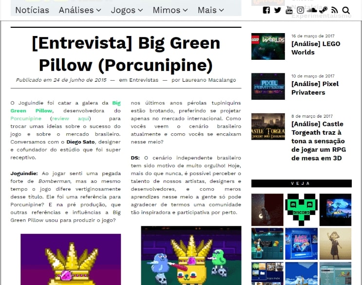 imagem de um artigo onde entrevisto o pessoal da Big Green Pillow, desenvolvedores do Porcunipine